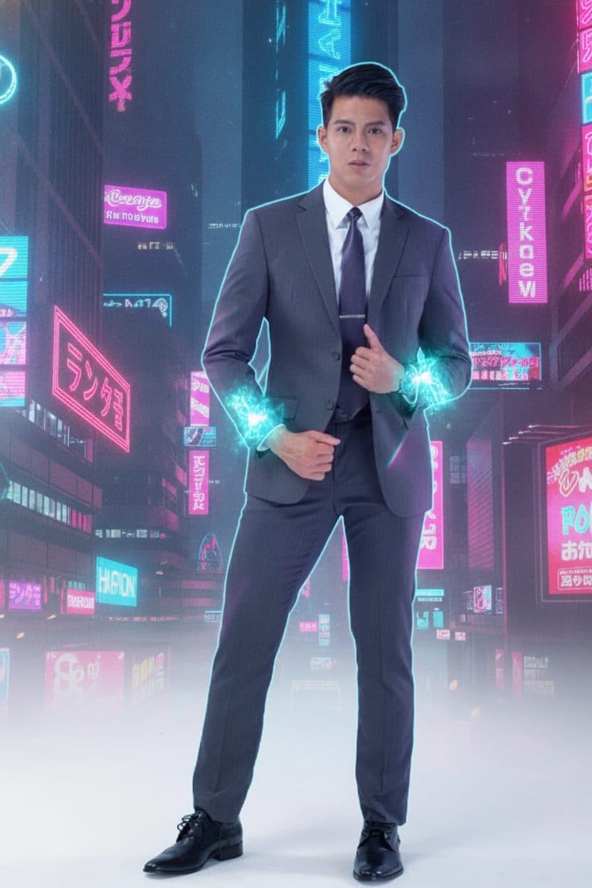 賽博龐克主題——同一位模特置身霓虹雨夜城市，保留原本西裝與臉孔