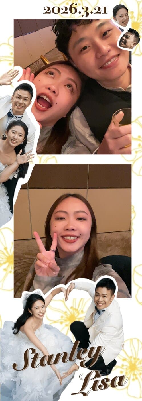 韓式四連拍長條成品，底部有新人姓名與毛孩插畫