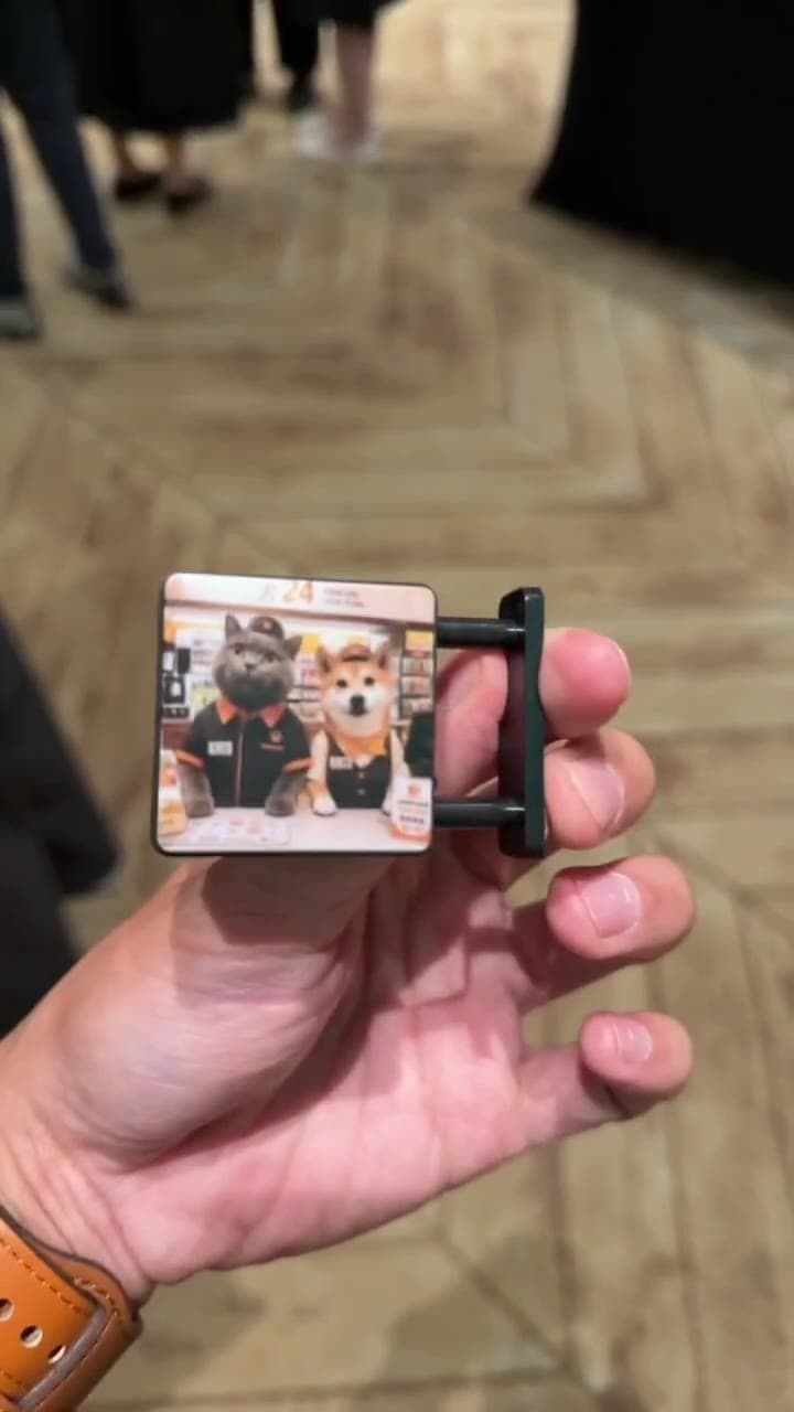 手中翻轉 LED 磁吸小燈箱：一面是主人與愛犬的實拍照片，翻過來是同一組人與狗的 AI 插畫版（循環）