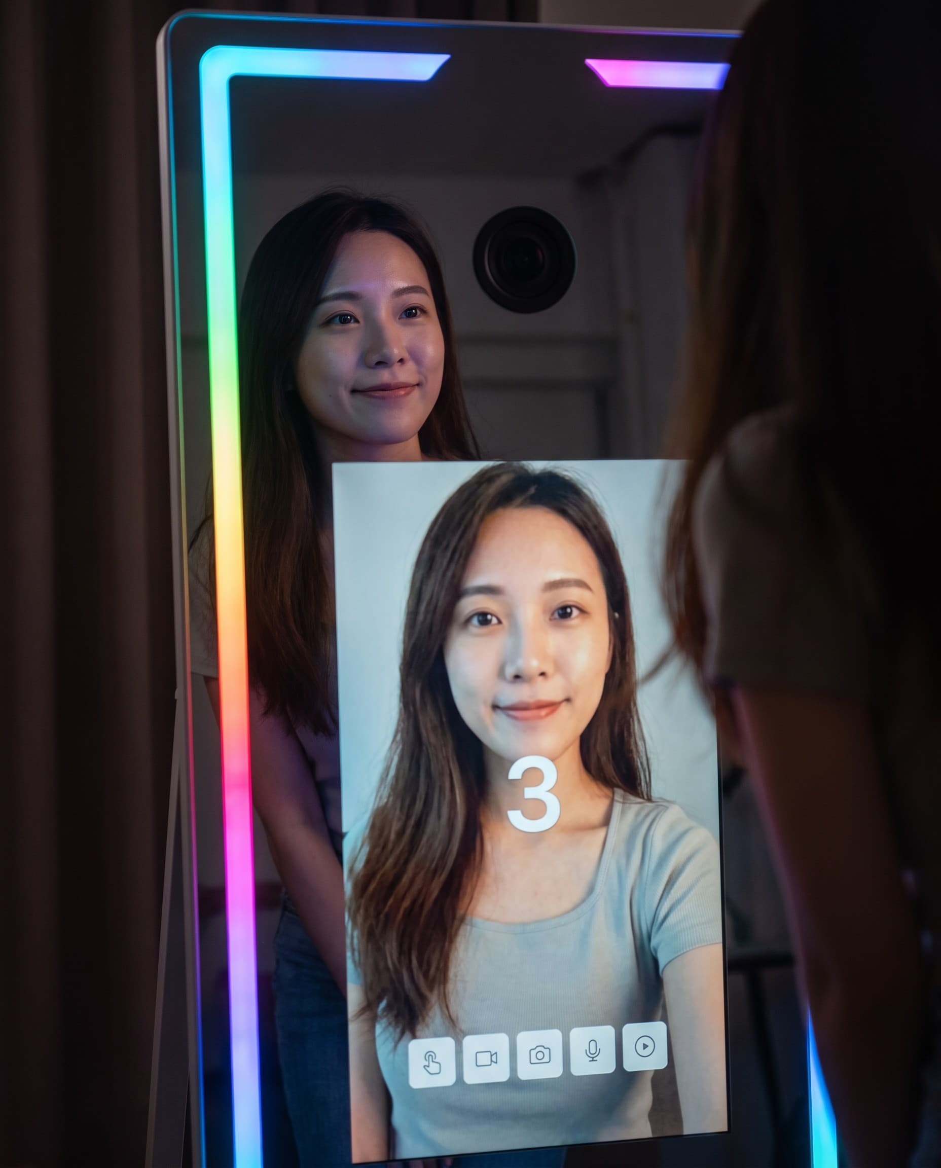 魔鏡 43 吋螢幕全螢幕顯示即時拍照預覽與倒數，RGB 燈暈柔和映在臉上
