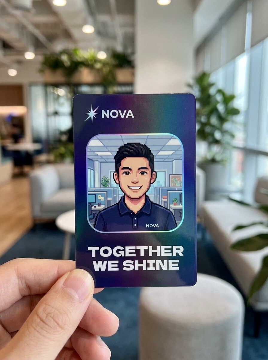 手持直式 PVC 證件卡，照片窗是員工個人照經 AI 轉成的像素風肖像
