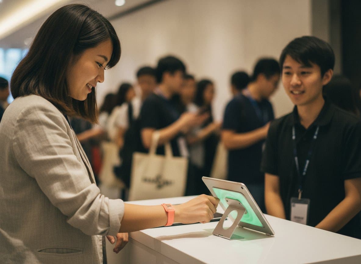 賓客把手環靠向報到櫃檯的感應器，數秒完成入場報到