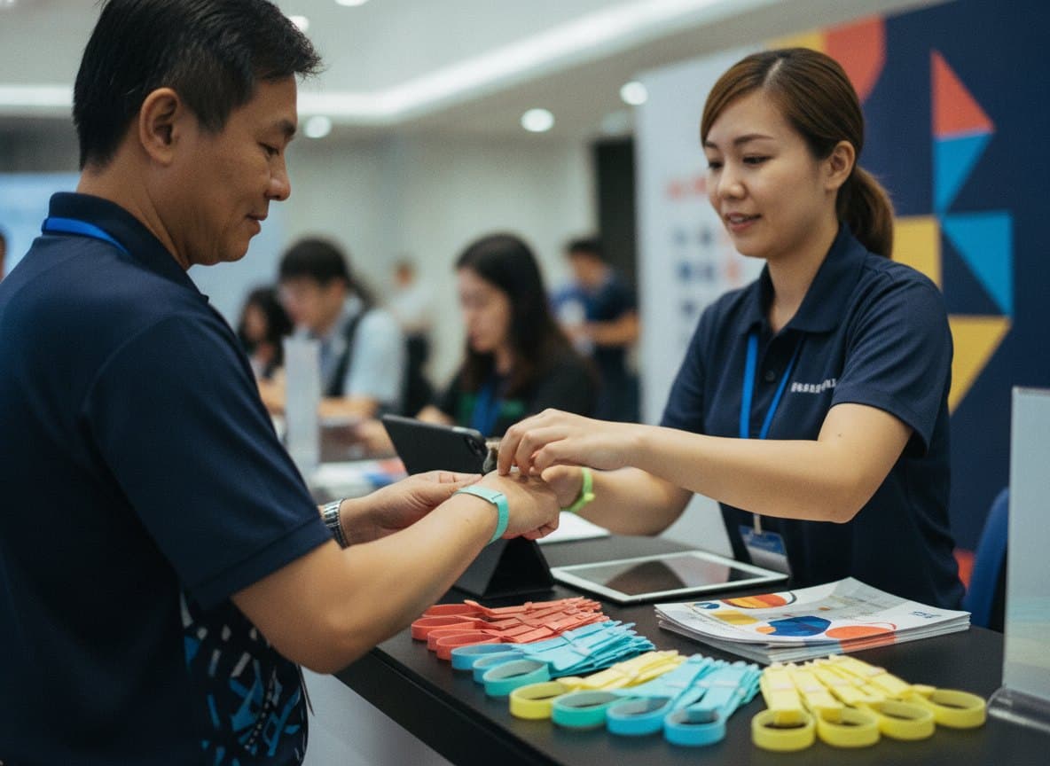 報到桌上排開多色一次性手環，工作人員為賓客扣上手環