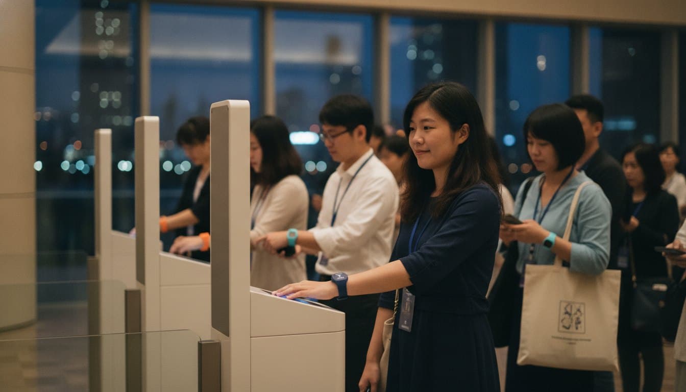 演出場館入口，賓客依序把手環靠向閘門感應器順暢通行