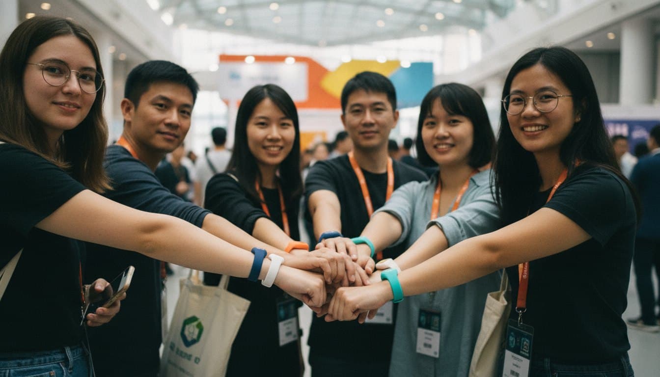 RFID 數位報到手環 — 多位賓客手臂交疊，各自戴著不同顏色的 RFID 手環