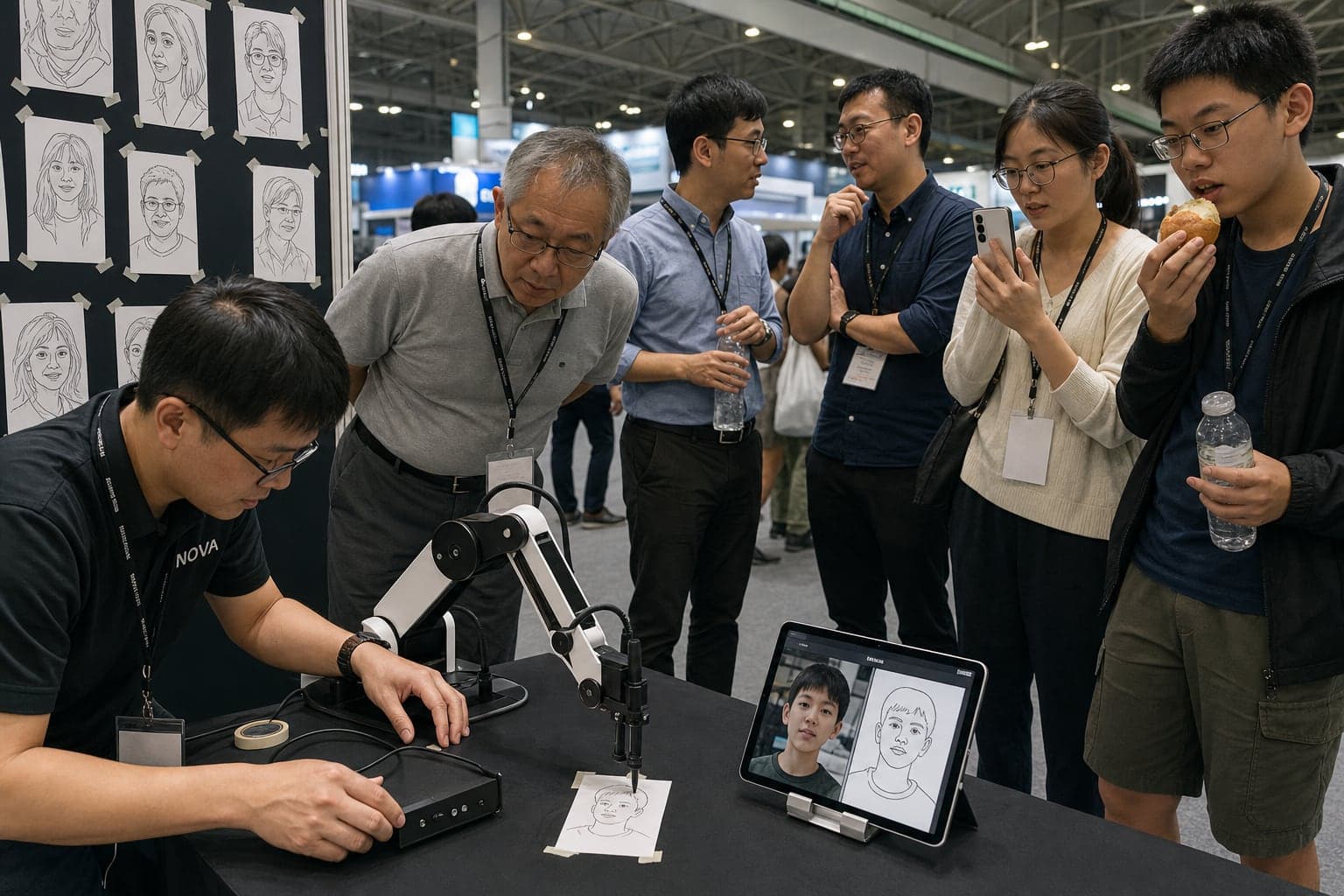 展覽攤位前賓客圍觀 AI 素描機器人作畫並用手機錄影