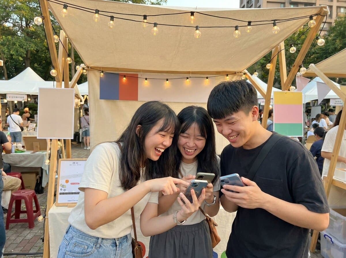 品牌快閃攤位前，朋友們互相比較遊戲成績