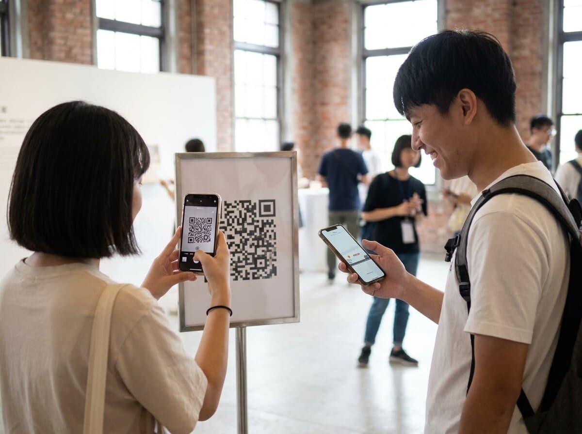 展覽入口放一張 QR Code 立牌，參觀者掃碼後在手機上開玩