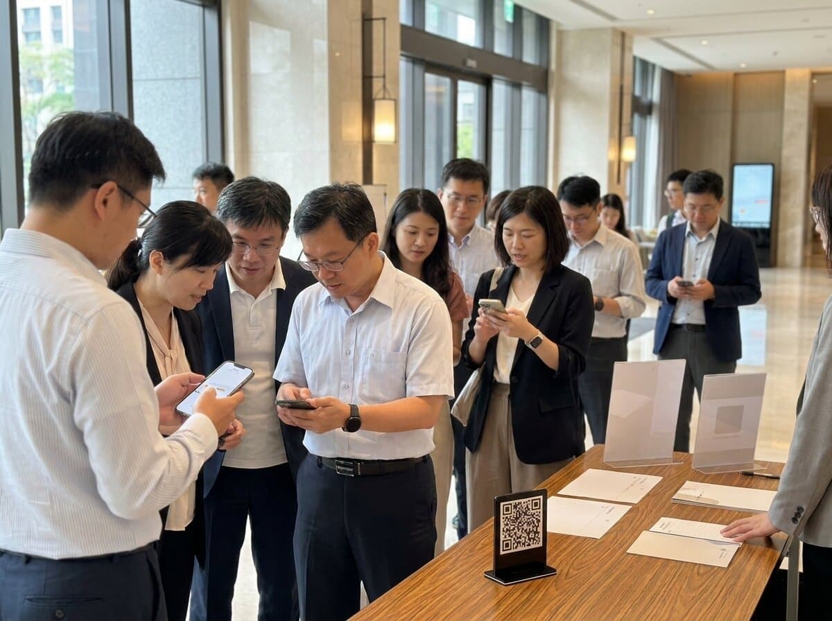 活動報到區排隊時，賓客用手機玩小遊戲打發等待時間