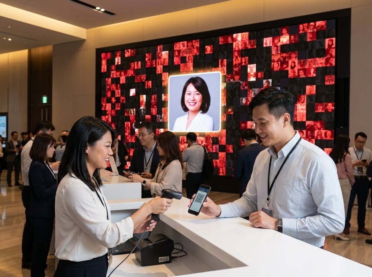 情境示意(AI 生成):報到櫃台完成報到,後方大螢幕同步顯示