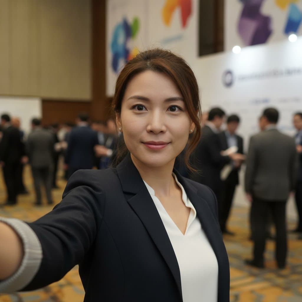 示意:展場自拍(左)是輸入,攝影棚風格形象照是輸出;成品範例見上方(AI 生成示意圖)。