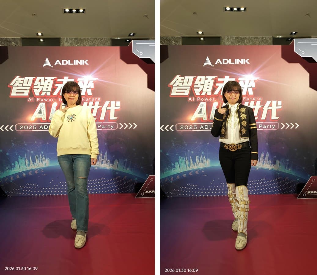 AI 拍貼機 A/B 對照——左為凌華科技尾牙原照,右為機甲戰士 AI 變裝