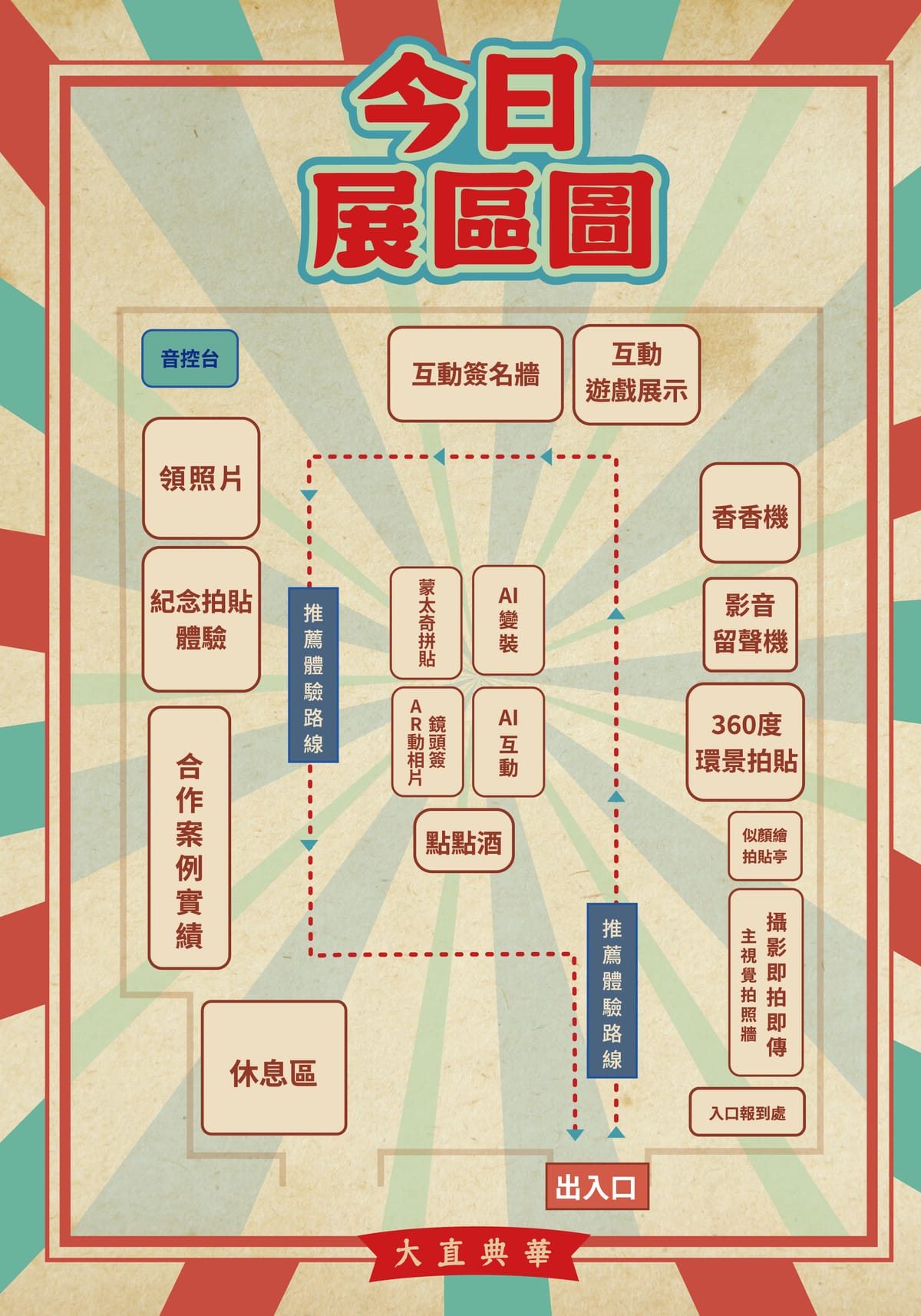 台北場展區圖:大直典華法式廳,入口報到、推薦體驗路線與各互動展區配置